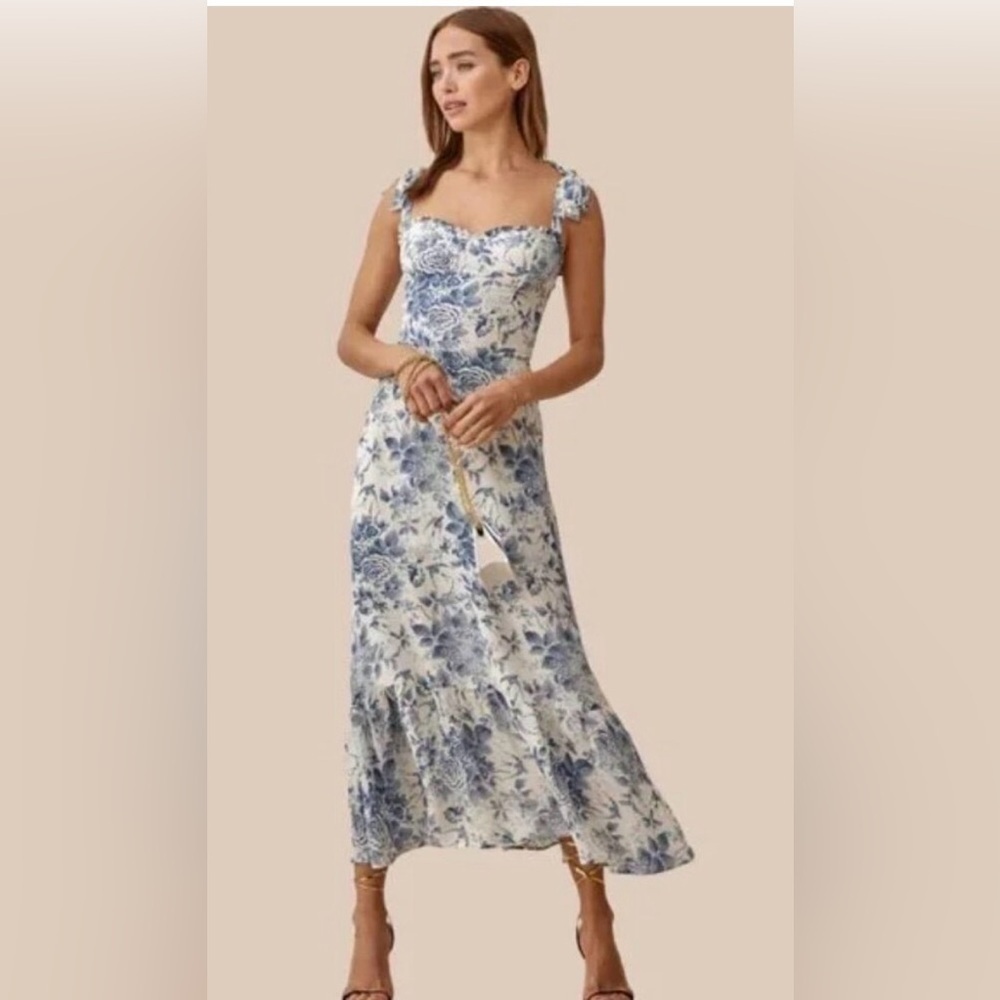 Reformation Nikita Blue and White Floral Midi Dress NWT size 8 - Picture 2 of 16